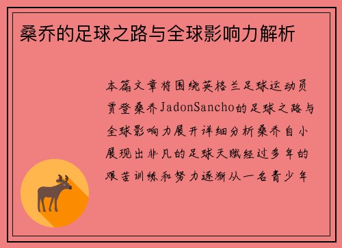 桑乔的足球之路与全球影响力解析