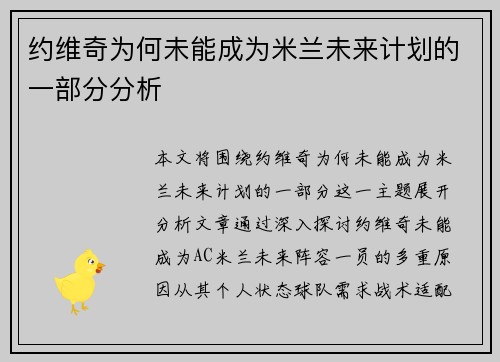 约维奇为何未能成为米兰未来计划的一部分分析